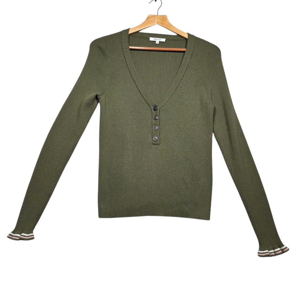 Madewell Green Vneck Ribbed Slim Fit Sweater Size Large